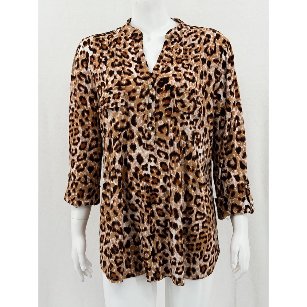 Cocomo Top Womens 1X Brown Leopard V-Neck 3/4 Sleeve Stretch Popover Mob‎ Wife
